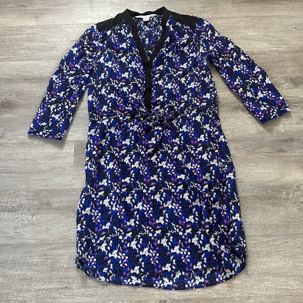 Diane Von Furstenberg Blue V-Neck 3/4 Sleeve Dress Sz 2